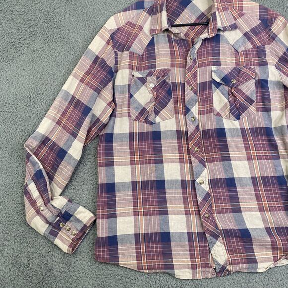Salt Valley Western Shirt Mens Large Purple Blue Plaid Long Sleeve Pearl Snap - Picture 2 of 13